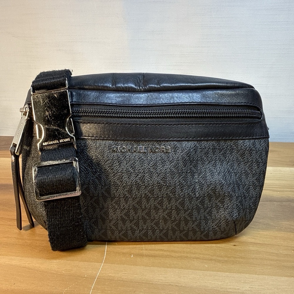 Michael Kors Black Signature Logo Printed Coated Canvas Leather Fanny Belt Bag